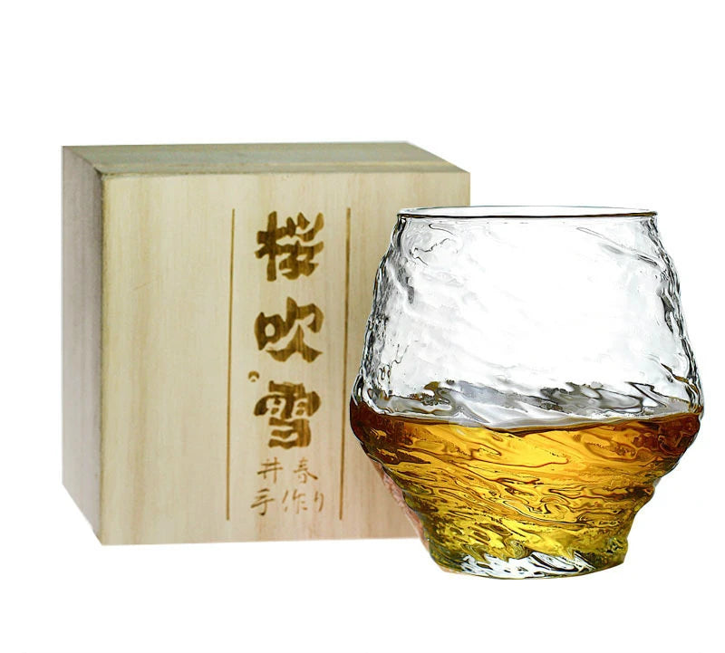 Japanese Artistic Conception Falling Sakura Snow Whiskey Glass Sake Red Wine Tasting Tumbler Wood Present Box Whisky Neat Cup