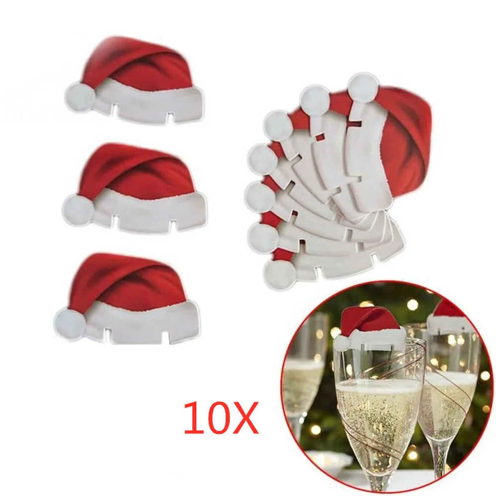 10PCS Christmas Cup Card Santa Hat Wine Glass Decor Ornaments Navidad Noel New Year Gift Christmas Decorations