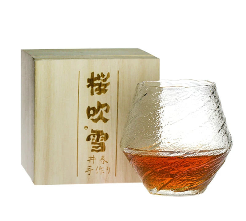 Japanese Artistic Conception Falling Sakura Snow Whiskey Glass Sake Red Wine Tasting Tumbler Wood Present Box Whisky Neat Cup