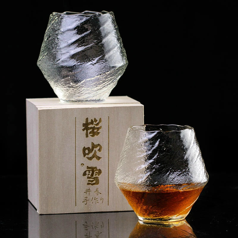 Japanese Artistic Conception Falling Sakura Snow Whiskey Glass Sake Red Wine Tasting Tumbler Wood Present Box Whisky Neat Cup