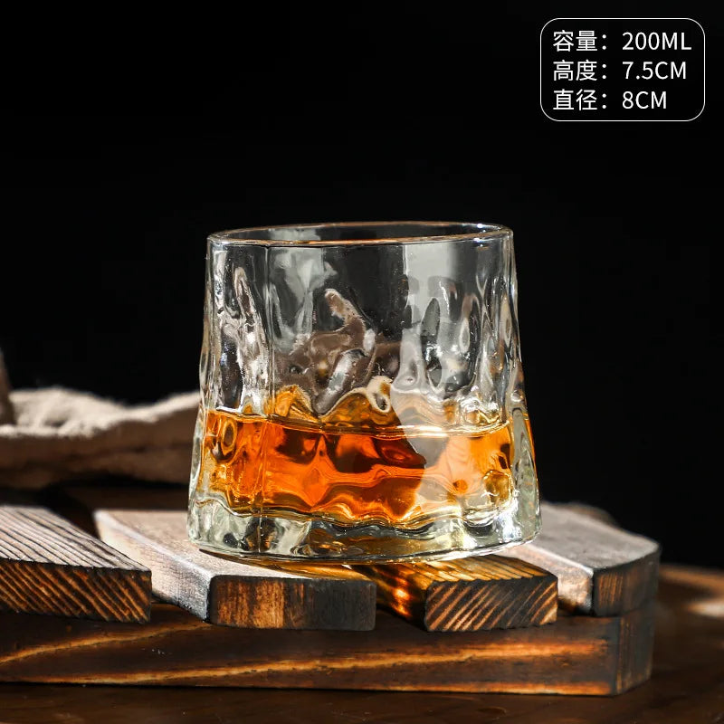 200ML Whiskey Glasses Cup Novelty Rotatable Arware Old Fashioned Wine Glass with Wooden Base for Juice Tea Bar Drinking Tools