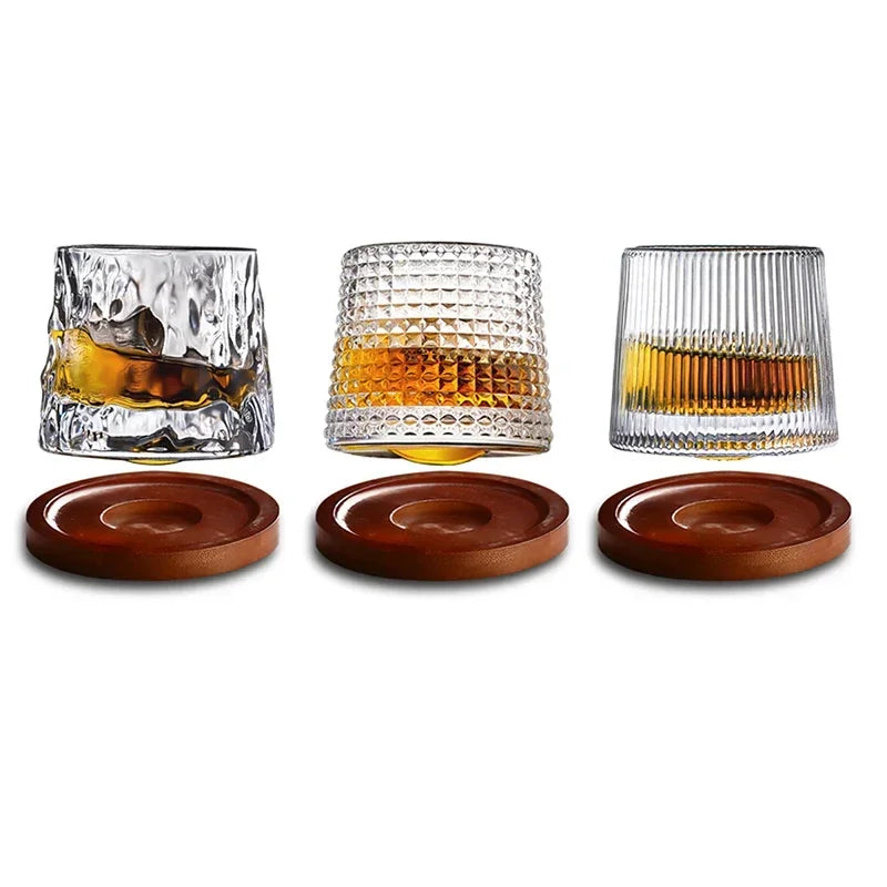 200ML Whiskey Glasses Cup Novelty Rotatable Arware Old Fashioned Wine Glass with Wooden Base for Juice Tea Bar Drinking Tools