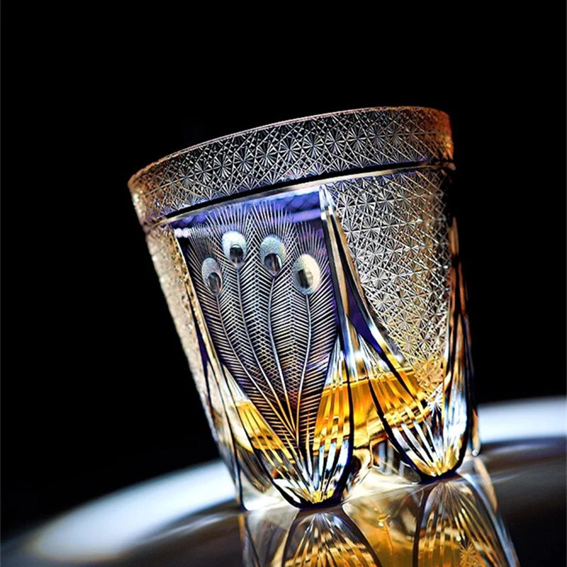 Peacock Open Screen Edo Kiriko Manual Cut Purple Crystal Glass Wine Snifter Brandy Tumbler Rock Glasses Whisky Cup Glassware