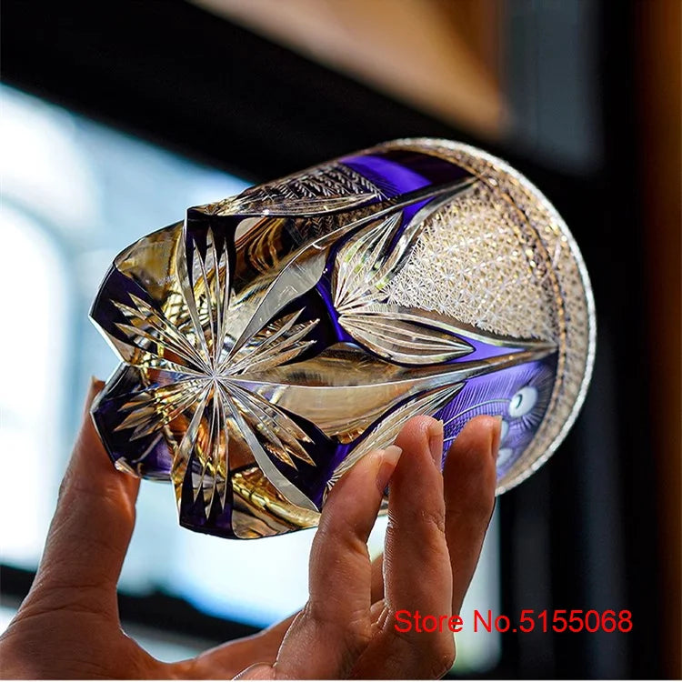 Peacock Open Screen Edo Kiriko Manual Cut Purple Crystal Glass Wine Snifter Brandy Tumbler Rock Glasses Whisky Cup Glassware