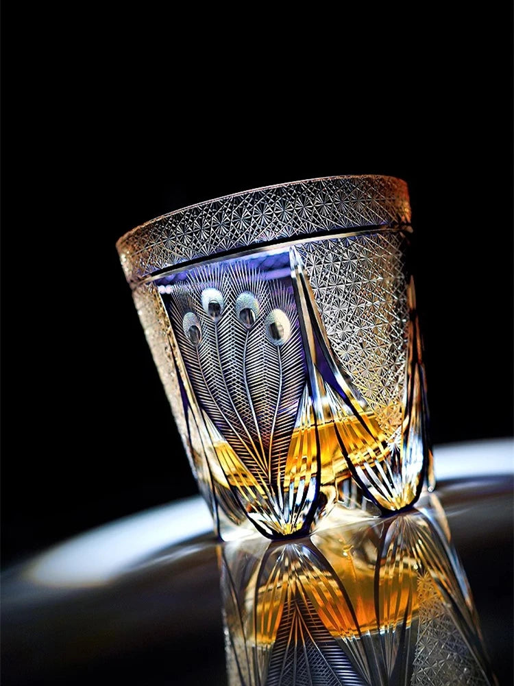 Peacock Open Screen Edo Kiriko Manual Cut Purple Crystal Glass Wine Snifter Brandy Tumbler Rock Glasses Whisky Cup Glassware