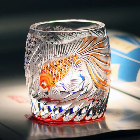 Japanese Edo Kiriko Goldfish Design Pure Hand-carved Whisky Glass With Exquisite Package