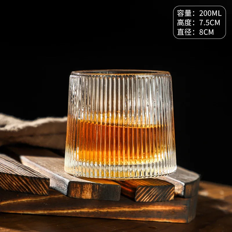 200ML Whiskey Glasses Cup Novelty Rotatable Arware Old Fashioned Wine Glass with Wooden Base for Juice Tea Bar Drinking Tools