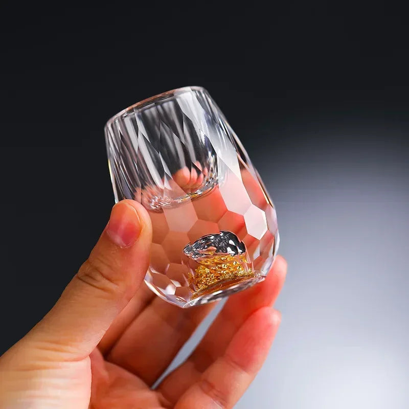 Luxury Crystal Vodka Sake Double Bottom Gold Foil Glass Teacup High End Gift Liquor Wine Glass Cup