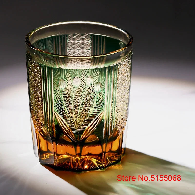 Japanese Style Luxury Edo Kiriko Wine Glass Green Blue Krystal Whisky Tumbler Handmade Engraving Peacock Whiskey Drinking Cup