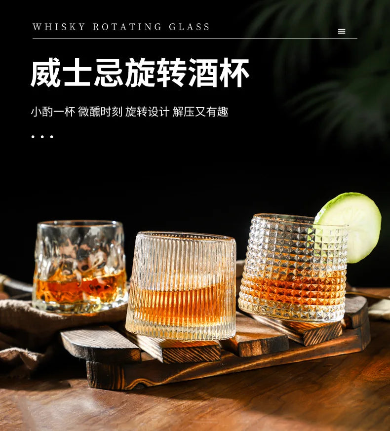 200ML Whiskey Glasses Cup Novelty Rotatable Arware Old Fashioned Wine Glass with Wooden Base for Juice Tea Bar Drinking Tools