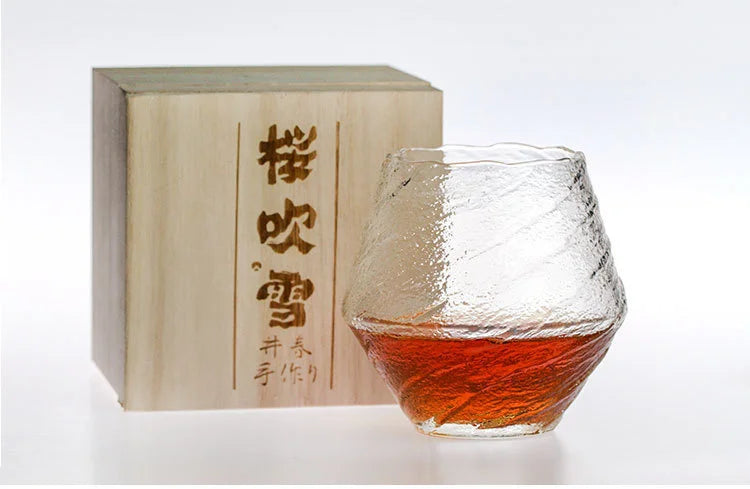 Japanese Artistic Conception Falling Sakura Snow Whiskey Glass Sake Red Wine Tasting Tumbler Wood Present Box Whisky Neat Cup