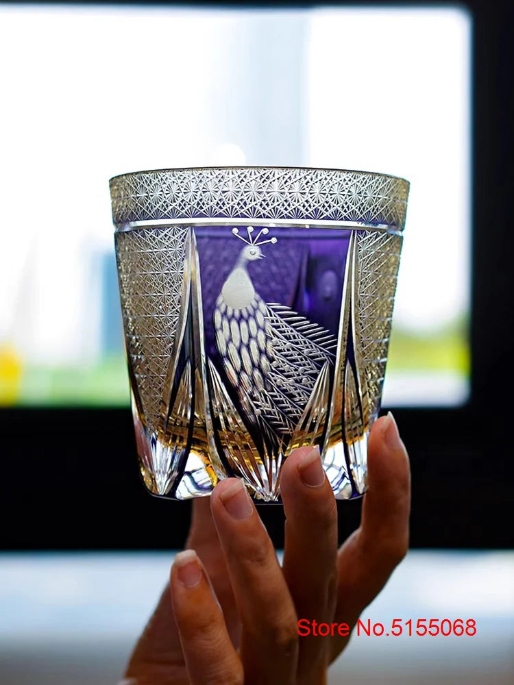 Peacock Open Screen Edo Kiriko Manual Cut Purple Crystal Glass Wine Snifter Brandy Tumbler Rock Glasses Whisky Cup Glassware