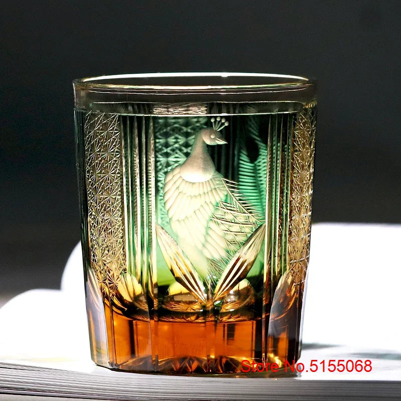 Japanese Style Luxury Edo Kiriko Wine Glass Green Blue Krystal Whisky Tumbler Handmade Engraving Peacock Whiskey Drinking Cup