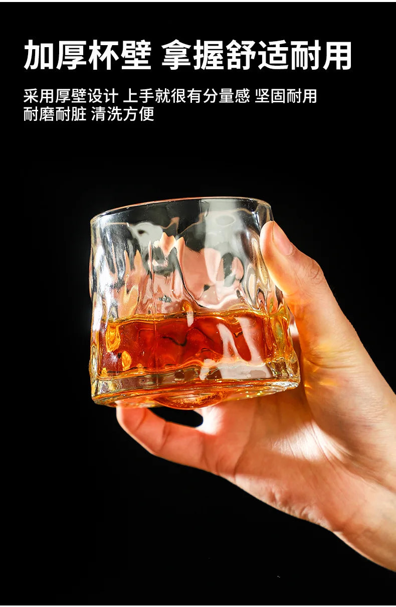 200ML Whiskey Glasses Cup Novelty Rotatable Arware Old Fashioned Wine Glass with Wooden Base for Juice Tea Bar Drinking Tools