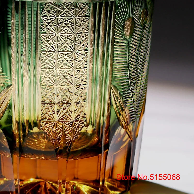 Japanese Style Luxury Edo Kiriko Wine Glass Green Blue Krystal Whisky Tumbler Handmade Engraving Peacock Whiskey Drinking Cup