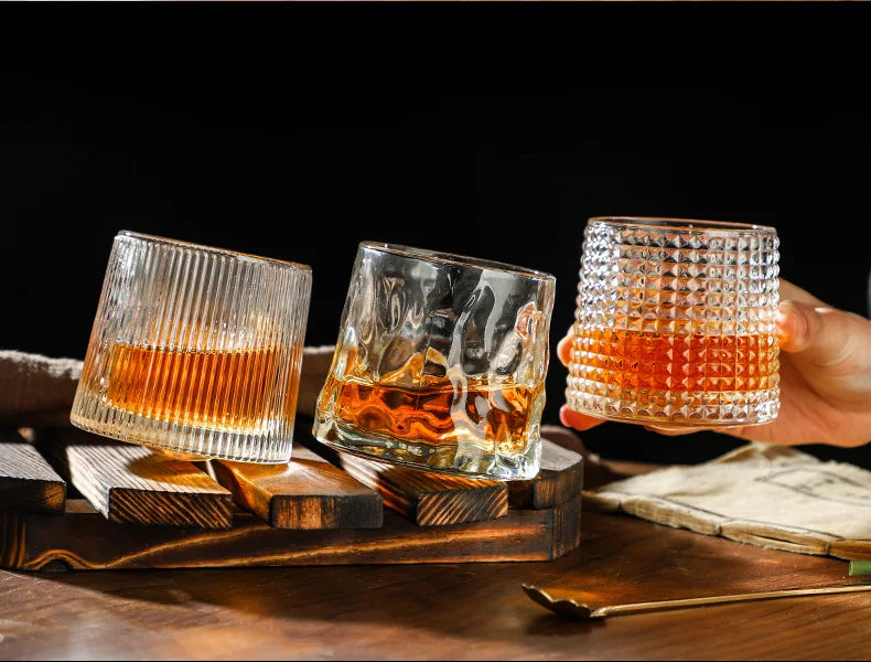 200ML Whiskey Glasses Cup Novelty Rotatable Arware Old Fashioned Wine Glass with Wooden Base for Juice Tea Bar Drinking Tools