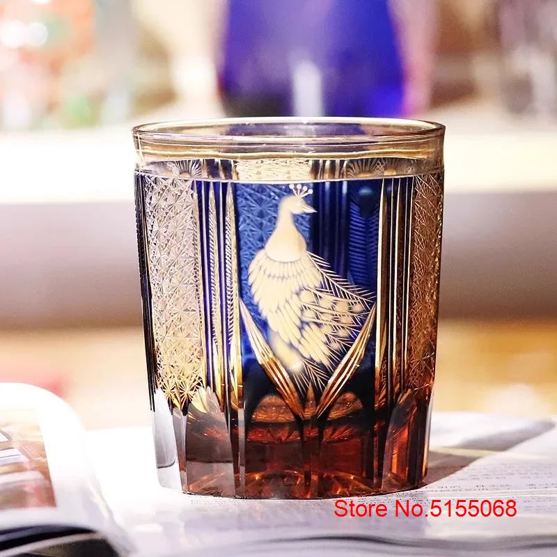 Japanese Style Luxury Edo Kiriko Wine Glass Green Blue Krystal Whisky Tumbler Handmade Engraving Peacock Whiskey Drinking Cup