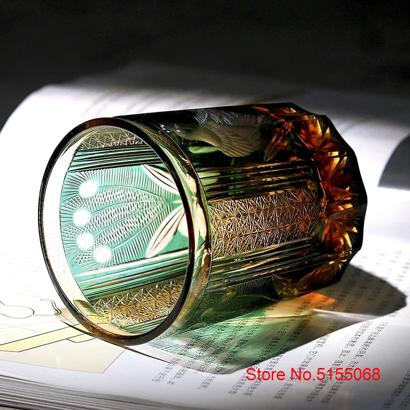 Japanese Style Luxury Edo Kiriko Wine Glass Green Blue Krystal Whisky Tumbler Handmade Engraving Peacock Whiskey Drinking Cup