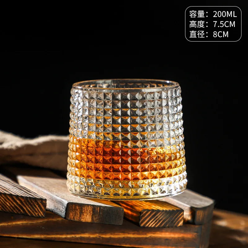 200ML Whiskey Glasses Cup Novelty Rotatable Arware Old Fashioned Wine Glass with Wooden Base for Juice Tea Bar Drinking Tools