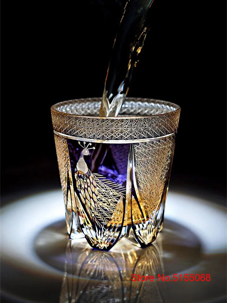 Peacock Open Screen Edo Kiriko Manual Cut Purple Crystal Glass Wine Snifter Brandy Tumbler Rock Glasses Whisky Cup Glassware