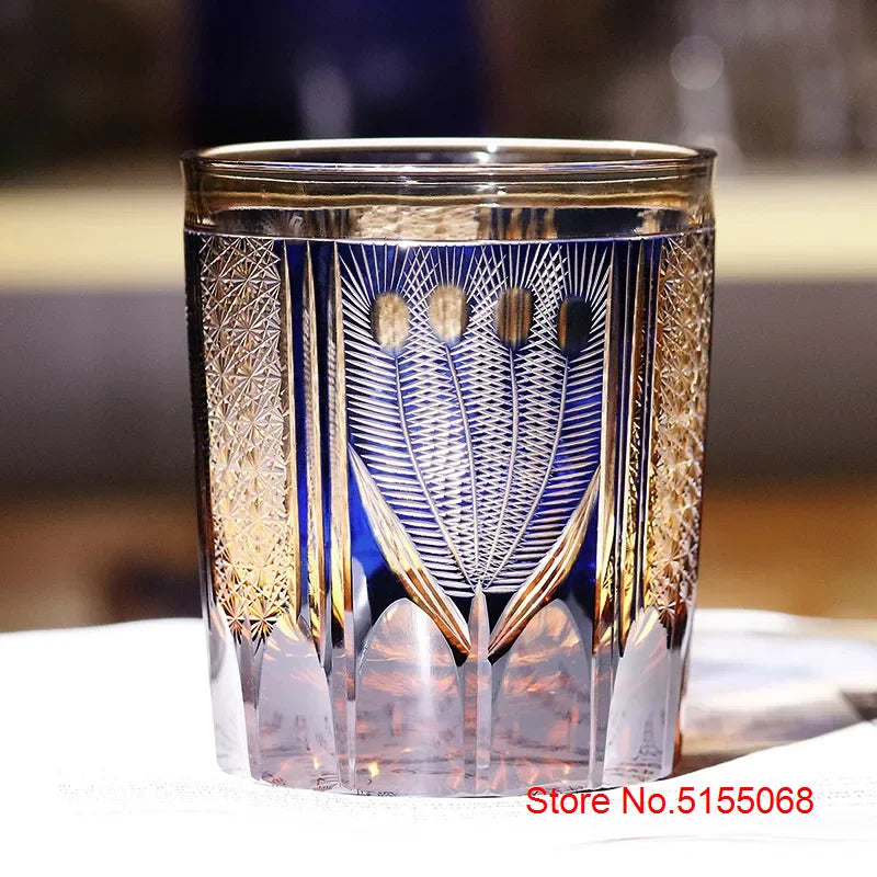 Japanese Style Luxury Edo Kiriko Wine Glass Green Blue Krystal Whisky Tumbler Handmade Engraving Peacock Whiskey Drinking Cup