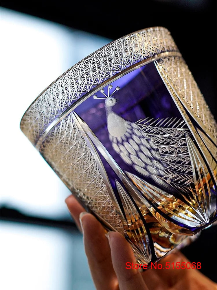 Peacock Open Screen Edo Kiriko Manual Cut Purple Crystal Glass Wine Snifter Brandy Tumbler Rock Glasses Whisky Cup Glassware