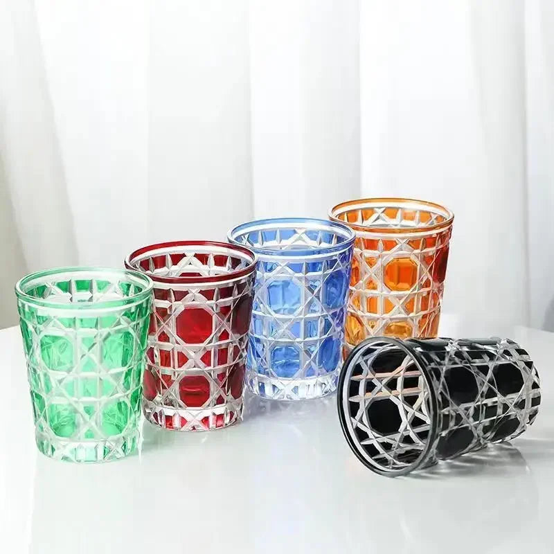 Artistic Fashion 300-350ml Plaid Round Wine Glass Handmade Crystal Glass Whiskey Vodka Sake Liquor Cup Exquisite Drinkware