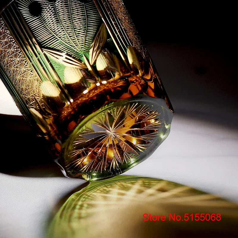 Japanese Style Luxury Edo Kiriko Wine Glass Green Blue Krystal Whisky Tumbler Handmade Engraving Peacock Whiskey Drinking Cup