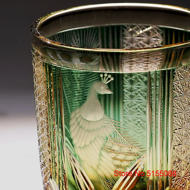 Japanese Style Luxury Edo Kiriko Wine Glass Green Blue Krystal Whisky Tumbler Handmade Engraving Peacock Whiskey Drinking Cup