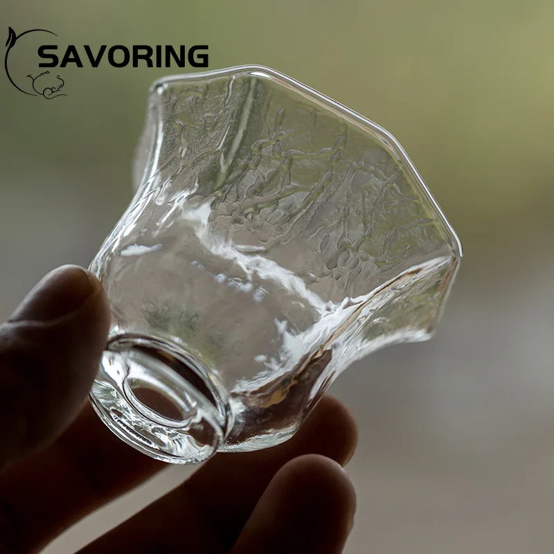 Japanese Hammer Pattern Glass Small Tea Cup Flower Mouth Heat-resistant Glass Single Cup Kung Fu Tea Master Cup Sake Wine Cup