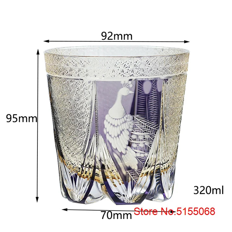 Peacock Open Screen Edo Kiriko Manual Cut Purple Crystal Glass Wine Snifter Brandy Tumbler Rock Glasses Whisky Cup Glassware